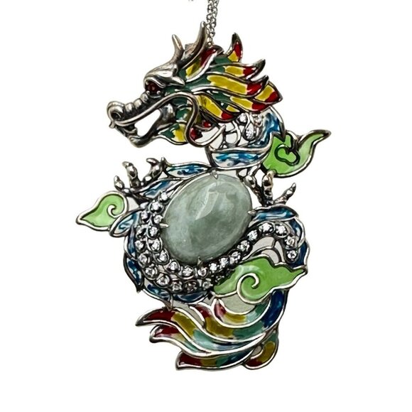 Jade of Yesteryear Womens Necklace Sterling Green Jade Dragon Plique a Jour - Picture 3 of 5